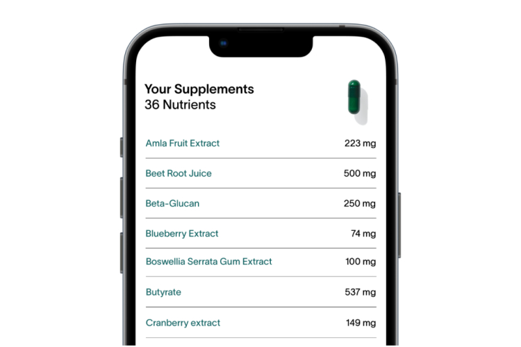 A smartphone screen from the Viome app, showing an example customer’s Supplement recommendations