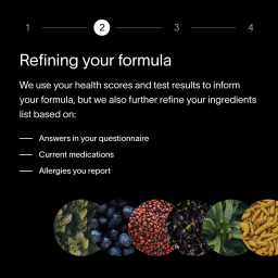 A black box with a description about how each Viome Precision Supplement formula is carefully crafted and refined based on customer health scores and test results