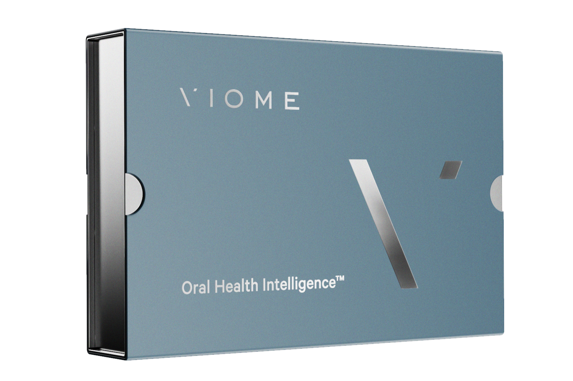 The Viome Oral Health Intelligence Test: an oral microbiome health test packaged in a blue reflective box