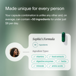 A green ombre background with text that describes how each Viome Precision Supplement formula is created uniquely per customer, comprised of approximately 50 personalized ingredients