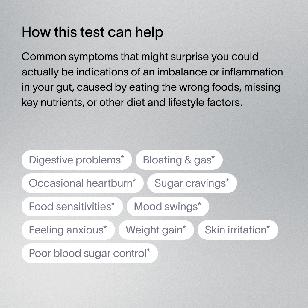 A light gray block of text describing surprisingly common symptoms for imbalanced or inflammation-related gut health caused by eating the wrong foods, missing key nutrients, and lifestyle factors