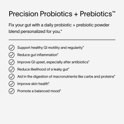 A gray block of text describing the Viome Precision Probiotics + Prebiotics, including how they help fix the gut with daily powder blends personalized to each customer
