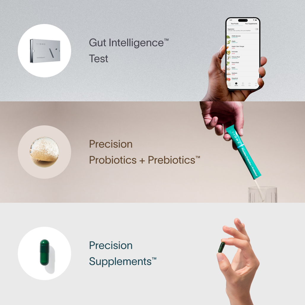 A grid showcasing the Viome Gut Intelligence Test on a light gray background, the Precision Supplements on a gray background, and the Precision Probiotics + Prebiotics on a tan background