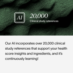 An image and text block showing how Viome AI is always growing, and has over 20,000 references to clinical studies to enforce customer test results, including score insights and ingredients