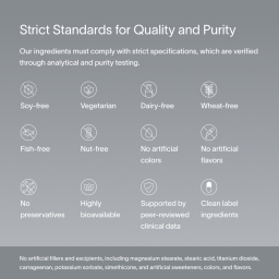 A dark gray block of text describing Viome’s strict standards for quality and purity, including compliant ingredients, purity-testing, and related factors associated with Gut Health Solutions 