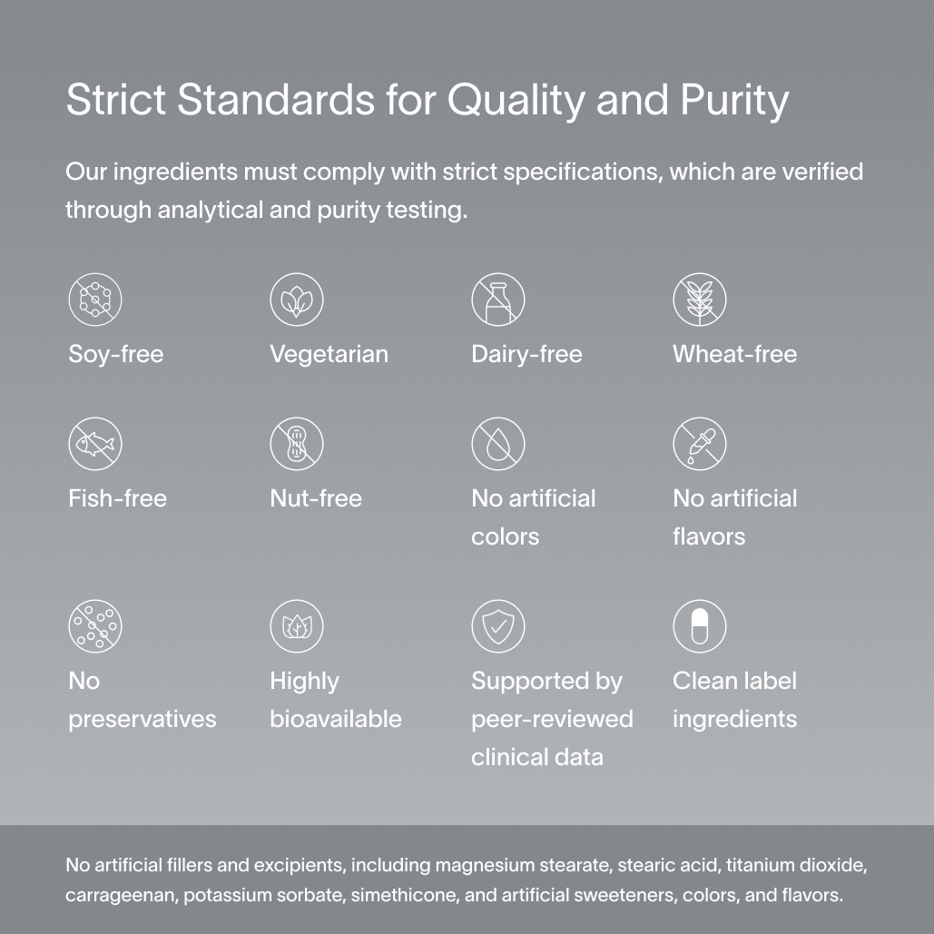 A dark gray block of text describing Viome’s strict standards for quality and purity, including compliant ingredients, purity-testing, and related factors associated with Gut Health Solutions 