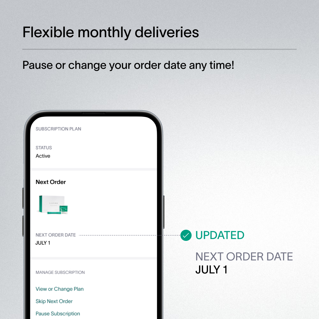 A gray block of text that describes how Viome allows flexible and timely monthly deliveries for supplements, and how the customer can change or pause their order date at any time