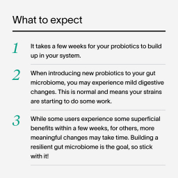 A gray block of text describing what a customer should expect from their Viome Probiotics + Prebiotics experience, and how to take them, including: taking a few weeks for the biotics to build, and introducing new probiotics to the gut