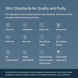 A steel-gray block of text describing Viome’s strict standards for quality and purity, including compliant ingredients, purity-testing, and related factors associated with the Oral Health Intelligence Test
