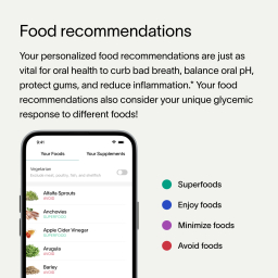 A gray block of text describing Viome Food Recommendations as results for the Oral Health Intelligence Test, including how individual test results influence oral health, from curbing bad breath, to protecting gums, to reducing gum inflammation, and more