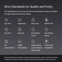 A dark gray block of text that shows Viome’s strict standards for quality and purity, especially compliant ingredients verified through analytical and purity-focused testing