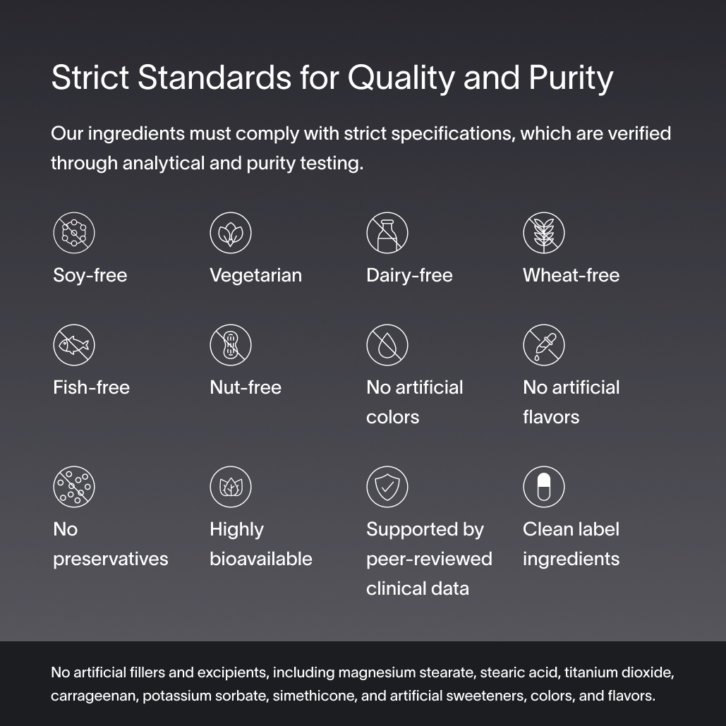 A dark gray block of text that shows Viome’s strict standards for quality and purity, especially compliant ingredients verified through analytical and purity-focused testing