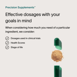 A tan text box informing customers how Viome Precision Supplements are designed with effective dosages, paired with an image of an opened green supplement capsule