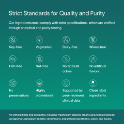 A dark green block of text describing Viome’s strict standards for quality and purity, including compliant ingredients, purity-testing, and related factors associated with Precision Supplements