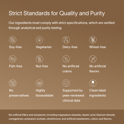 A brown block of text describing Viome’s strict standards for quality and purity, including compliant ingredients, purity-testing, and related factors associated with Precision Probiotics + Prebiotics