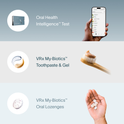 A grid showcasing the Viome Oral Intelligence Test on a steel-gray background, VRx My·Biotics™ Lozenges on a light gray background, and VRx My·Biotics™ Toothpaste & Gel on a tan background