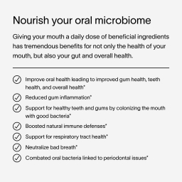 A gray block of text describing the importance of nourishing your oral microbiome, and how the Viome VRx Oral Lozenges help with daily doses of personalized, beneficial ingredients