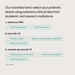 A tan background and black text listing how Viome scientists hand-select probiotic strains using clinical data from academic and research institutions, with examples: L platinum 299v, B. breve Bb-03, B. animalis ssp lactis Bi-07