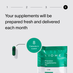 A gray block of text describing how Viome Precision Supplements are prepared fresh and delivered each month, paired with an image of a green supplement with a bubble that says that 8 capsules are available in each package