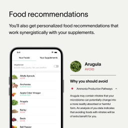 A green block of text describing how Viome personalizes food recommendations, and how they contribute to the Precision Supplements, paired with an image of a smartphone screen that lists a customer’s superfoods