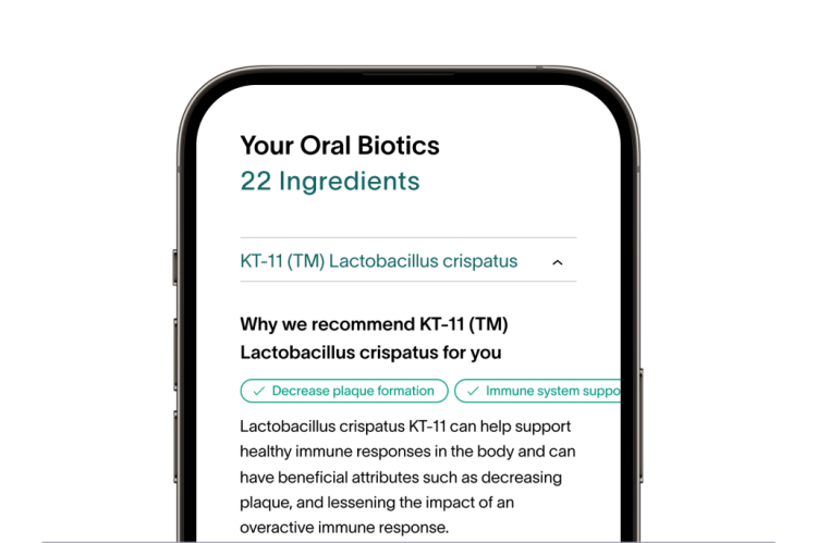 A smartphone screen from the Viome app, showing an example customer’s Oral Biotic recommendations