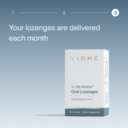 A picture of Viome’s VRx MyBiotics Oral Lozenges, in white and green packaging, beneath text that reads” “Your lozenges are delivered each month” 