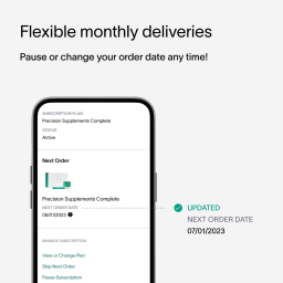 A gray block with text that describes Viome’s flexible monthly deliveries for the Precision Supplements, and how customers can change their order date at any time