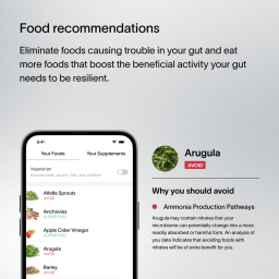 A gray text block with a description for Viome’s Food Recommendations, including how they reveal foods that cause trouble in the gut, and give directions on what foods the customer should eat instead based on gut activity 